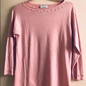 Pink silk sweater with matching floral trim